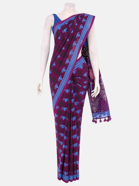 Plum Printed and Embroidered Cotton Saree