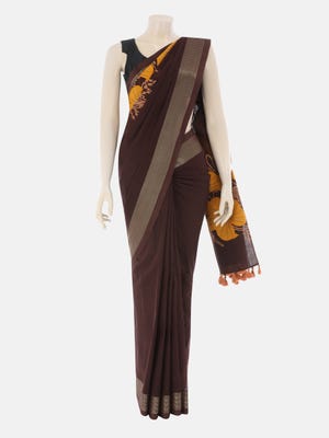 Coffee Appliqued and Embroidered Cotton Saree