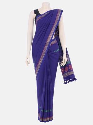 Navy Blue Printed and Embroidered Cotton Saree