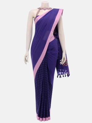 Blue Check Printed and Embroidered Cotton Saree