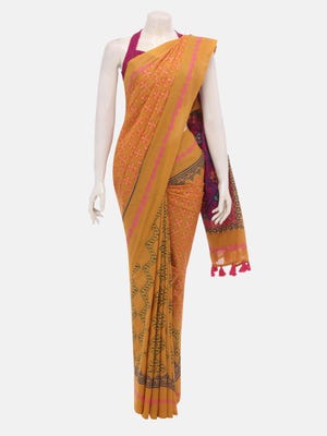 Yellow Ochre Printed and Embroidered Cotton Saree