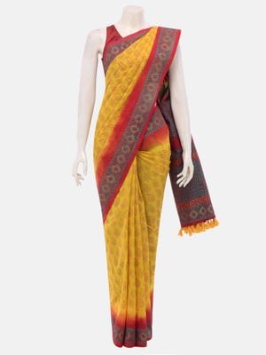 Yellow Tie-Dyed And Printed Cotton Saree