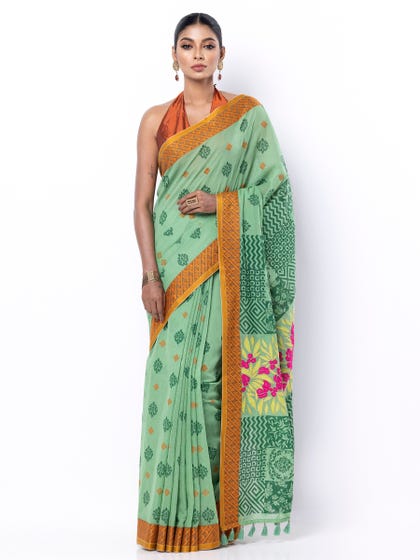 Green Printed and Embroidered Cotton Saree