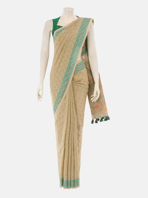Beige Printed and Embroidered Cotton Saree