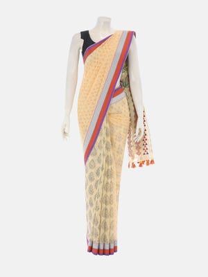 Yellow Printed and Appliqued Cotton Saree