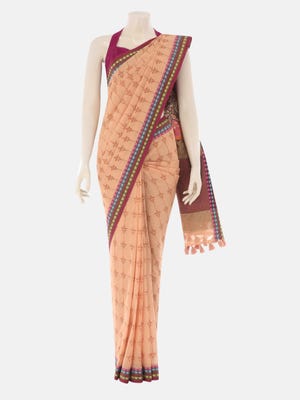 Light Brown Embroidered and Printed Cotton Saree