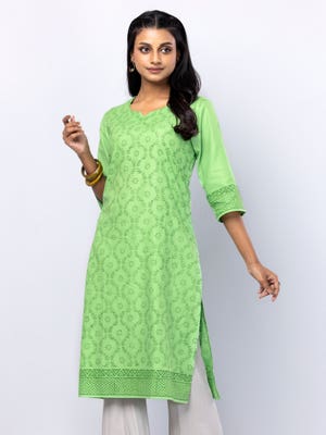 Green Printed Textured Viscose-Cotton Panjabi
