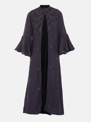 Black Embroidered Mixed Cotton Long Gown with Coaty