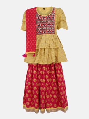 Yellow Printed and Embroidered Linen Ghagra Choli