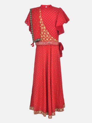 Red Printed and Embroidered Linen Ghagra Choli
