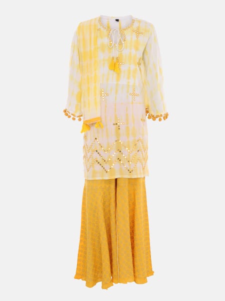 Yellow Tie-Dyed and Embroidered Linen Shalwar Kameez