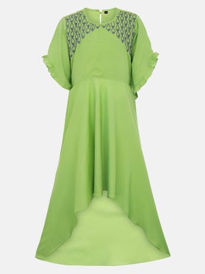Lime Green Embroidered Mixed Cotton Frock