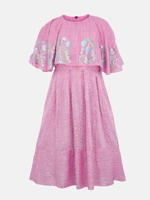 Pink Printed Mixed Cotton Party Frock