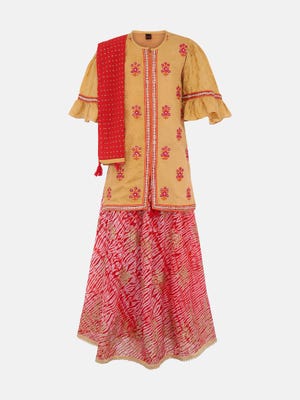 Mustard Printed and Embroidered Linen Ghagra Choli
