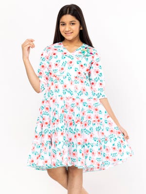 White Printed and Embroidered Cotton Frock