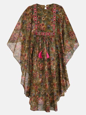 Olive Printed And Embroidered Voile Frock
