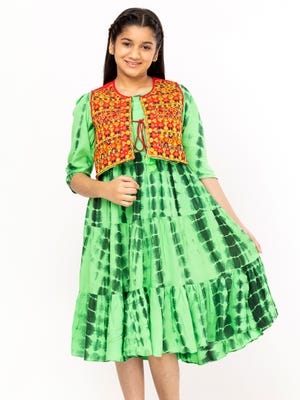 Green Tie-Dyed and Embroidered Linen Frock with Coaty