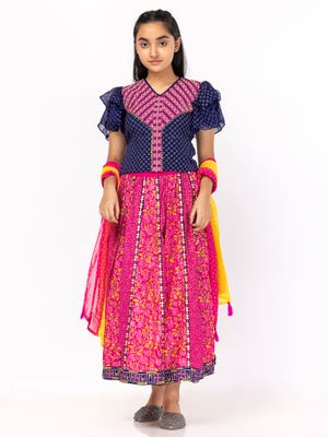 Fuchsia Printed and Embroidered Linen Ghagra Choli Set