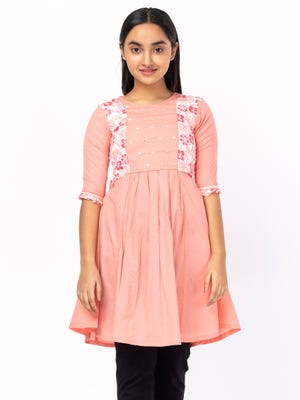 Peach Textured Printed Mixed Cotton Frock