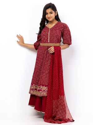 Maroon Printed and Embroidered Linen Long Gown