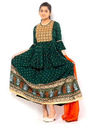 Green Printed and Embroidered Linen Ghagra Choli