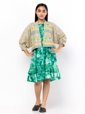 Green Tie-Dyed and Printed Voile Frock with Coaty