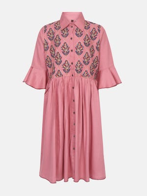 Rose Pink Textured and Embroidered Cotton Frock
