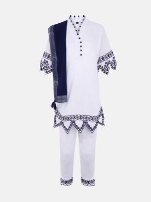 White Embroidered Mixed Cotton Shalwar Kameez Set