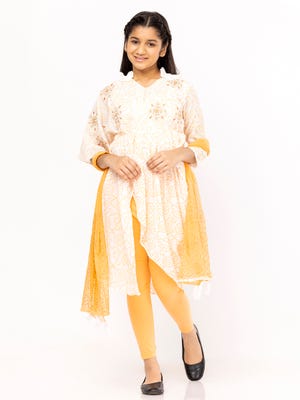 White Printed and Embroidered Mixed Cotton Shalwar Kameez