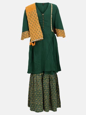 Bottle Green Printed And Embroidered Linen Shalwar Kameez