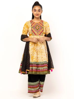 Yellow Tie-Dyed and Embroidered Voile Shalwar Kameez Set