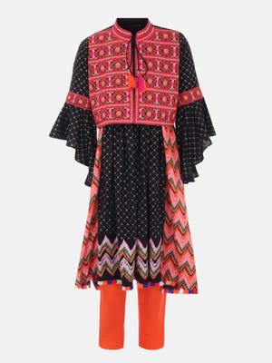 Black Printed and Embroidered Linen Shalwar Kameez with Coaty