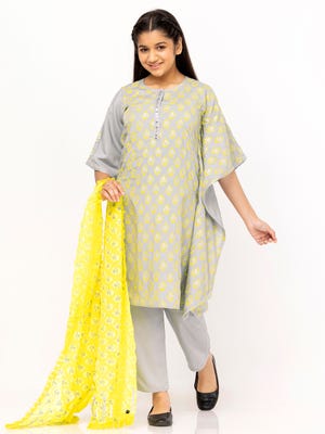 Grey Printed and Embroidered Linen Shalwar Kameez