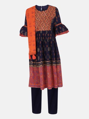 Cobalt Blue/Orange Printed and Embroidered Linen Shalwar Kameez