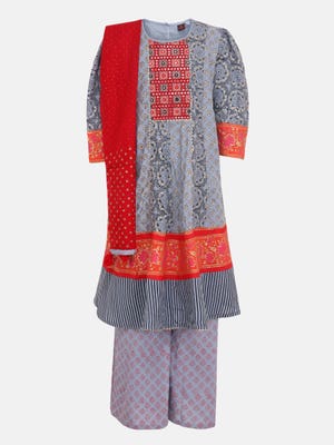Slate Blue Printed and Embroidered Linen Ghagra Choli