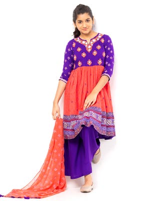 Purple/Coral Printed and Embroidered Linen Shalwar Kameez