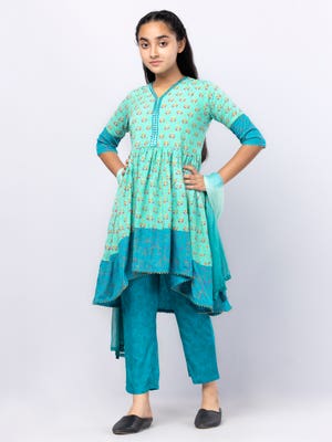 Aquamarine Tie-Dyed and Embroidered Linen Shalwar Kameez Set