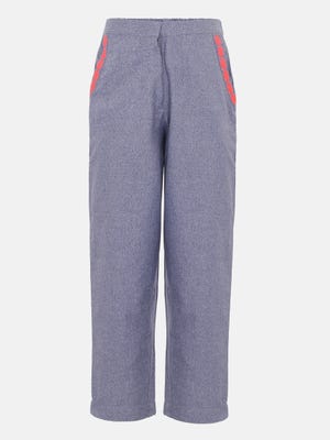 Stone Blue Embroidered Mixed Cotton Pant