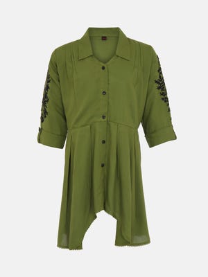 Olive Embroidered Linen Top