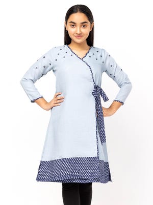 Blue-Grey Printed and Embroidered Mixed Cotton Top