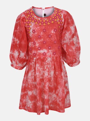 Coral Printed And Embroidered Voile Top