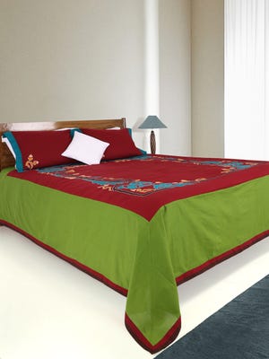 Maroon Appliqued and Embroidered Cotton Bed Cover Set