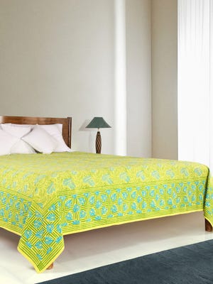 Neon Yellow Printed Cotton Bed Cover