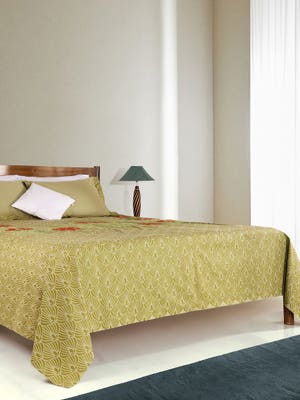 Sage Green Printed and Embroidered Cotton Bed Cover