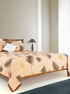 Off White Printed and Embroidered Cotton Bed Cover