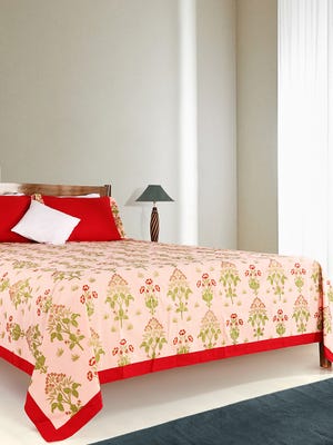 Light Pink Printed Cotton Bed Cover