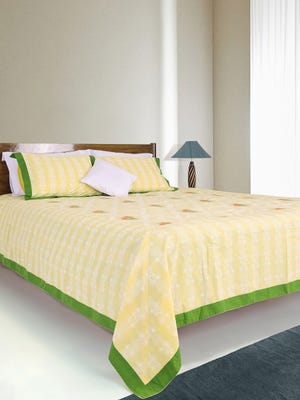 Yellow Printed and Embroidered Cotton Bed Cover with Pillow Cover
