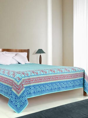 Cyan Printed Cotton Bed Cover