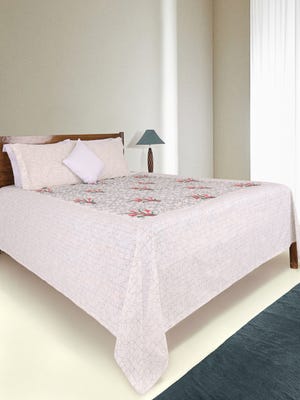 White Embroidered And Printed Cotton Bed Cover Set