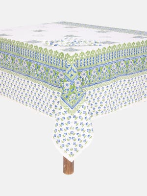Blue/Green Printed Cotton Tablecloth with Napkins